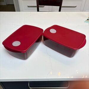 Two Tupperware Rock N Serve Microwave Container Large Deep 3.75 Qt 3380 Burgundy